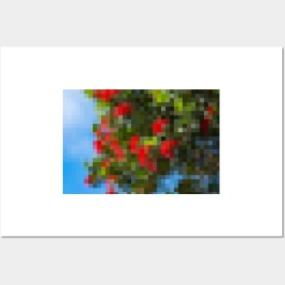 Bright red flowers on trees mosaic against blue sky Posters and Art